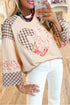 Plaid Floral Peace Heart Graphic Wide Long Sleeve Top